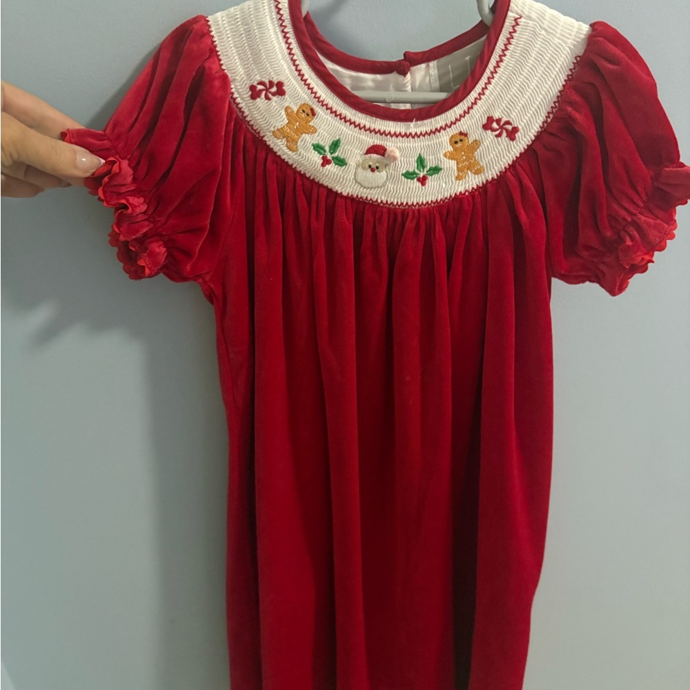 Red Velvet Holiday Dress with Embroidered Collar